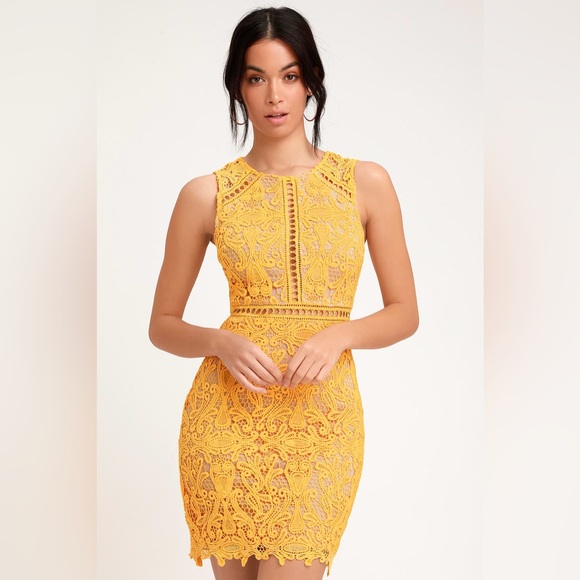 Lulus Dresses & Skirts - Lulu’s Dream Life Yellow Lace Bodycon Dress size XS